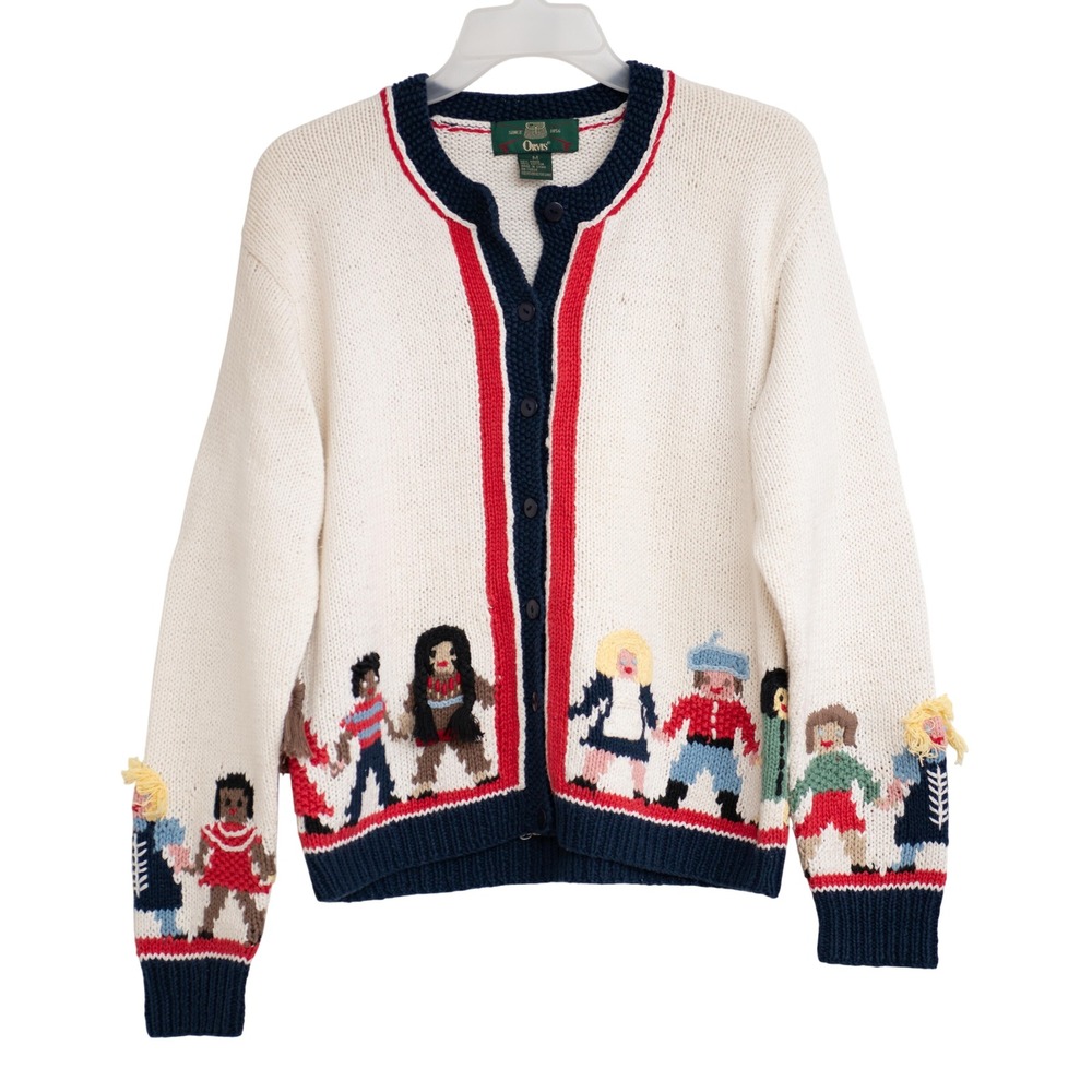 VTG Orvis Sweater Children of the World M Chunky Knit Cardigan Heritage Folkart